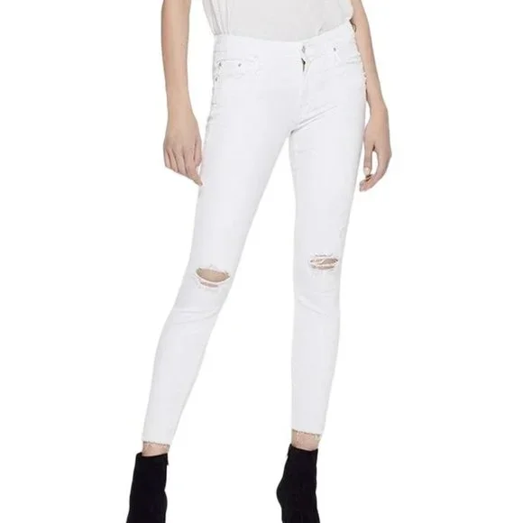 MOTHER Denim NWT White Looker Ankle Fray Raw Hem Jeans Little Miss Innocent 26 - Picture 1 of 16